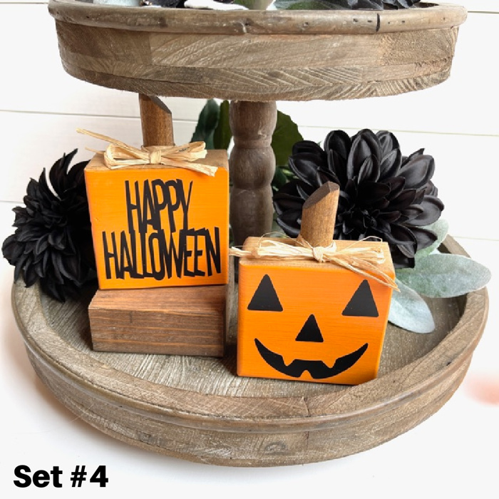 Small Rustic Jack-o-Lantern Wood Blocks | Set of 2