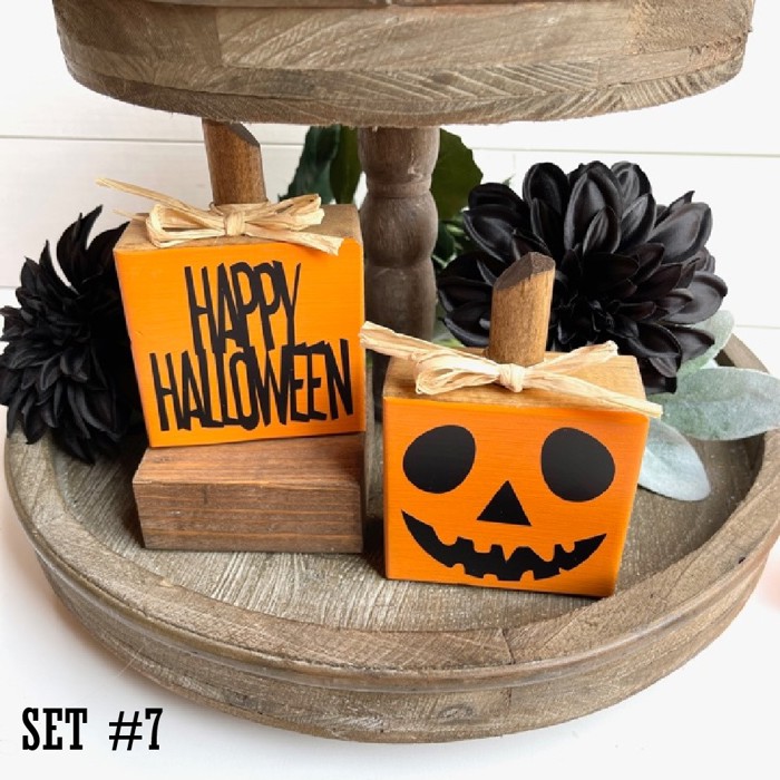 Small Rustic Jack-o-Lantern Wood Blocks | Set of 2