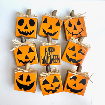 Small Rustic Jack-o-Lantern Wood Blocks | Set of 2