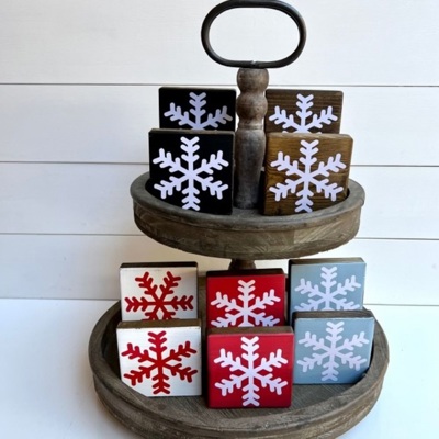 Set of 2 Small Christmas Snowflake Wood Blocks | Farmhouse | Rustic | Holiday Decor | Tired Tray | Bowl Fillers