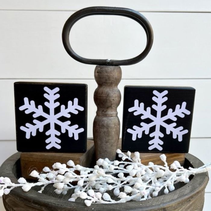 Set of 2 Small Christmas Snowflake Wood Blocks | Farmhouse | Rustic | Holiday Decor | Tired Tray | Bowl Fillers