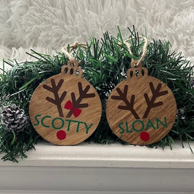 Personalized Holiday Wood Reindeer and Snowflake Ornaments