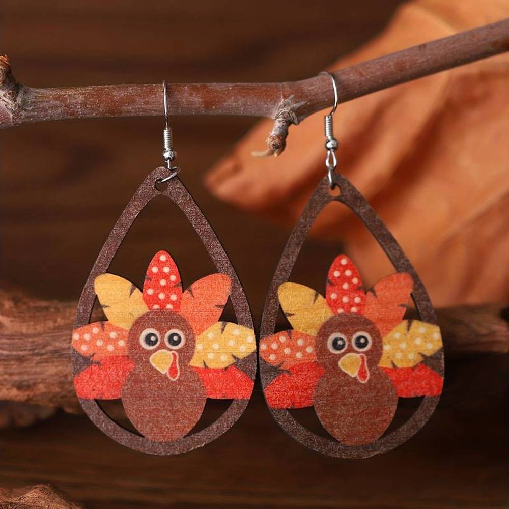 Wooden Thanksgiving Day Turkey Earrings