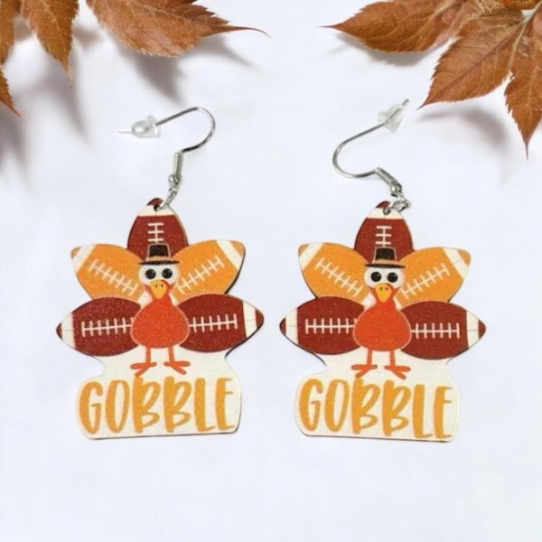 Gobble Gobble Turkey Day Football Earrings 