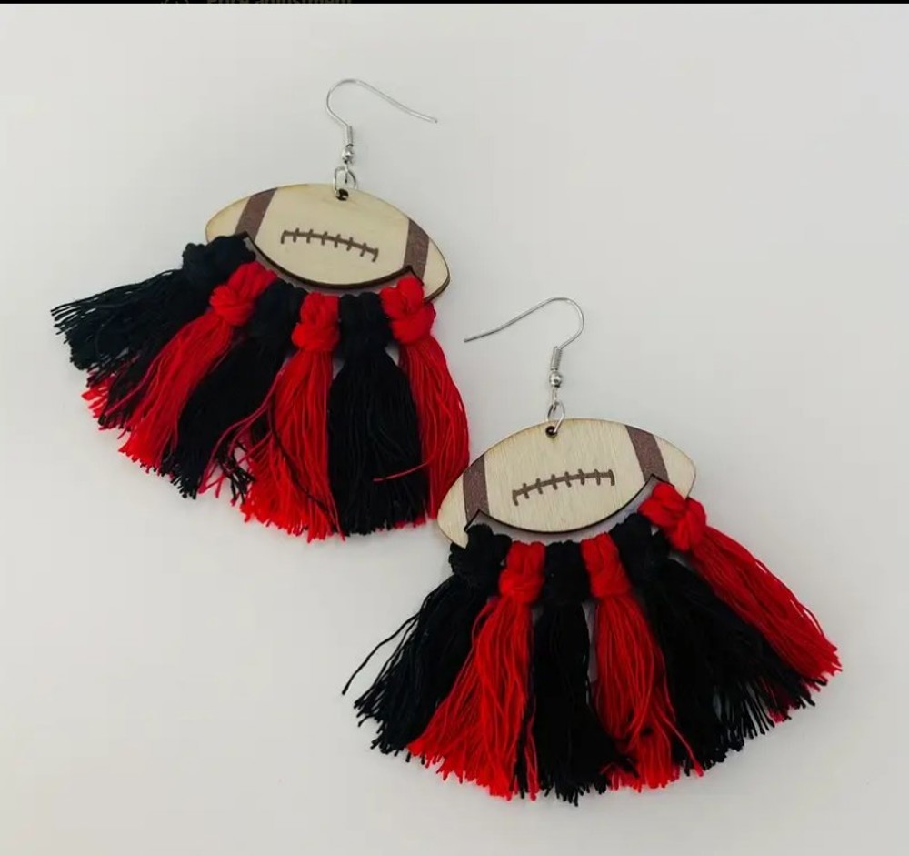 Red & Black Football Tassel Earrings