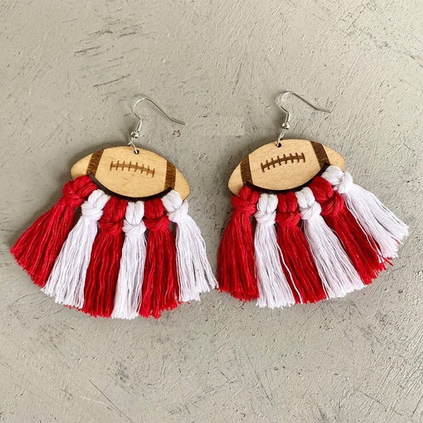 Red & White Football Tassel Earrings 