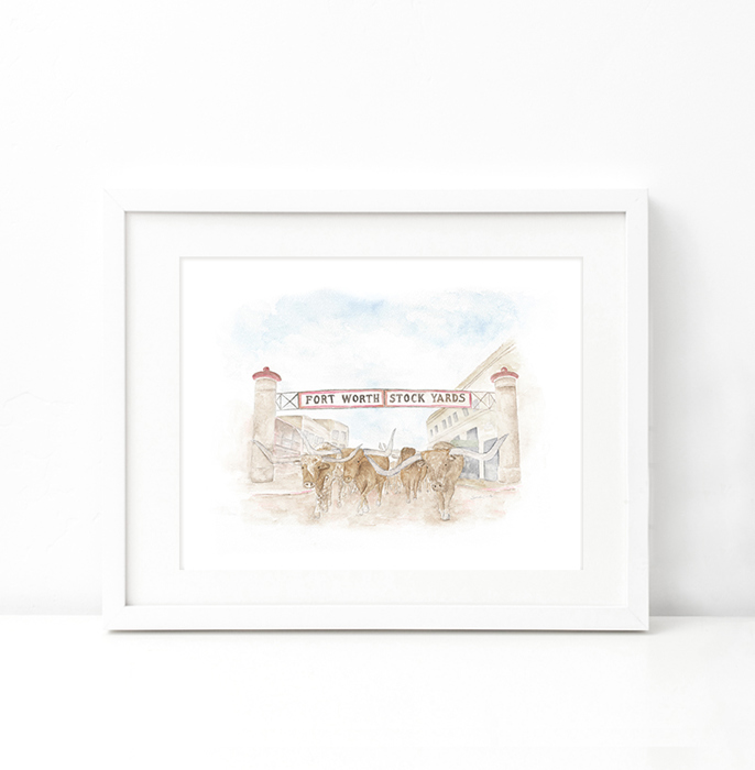 Fort Worth Stock Yards Watercolor Art Print - Fort Worth, Texas