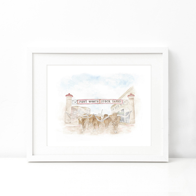 Fort Worth Stock Yards Watercolor Art Print - Fort Worth, Texas