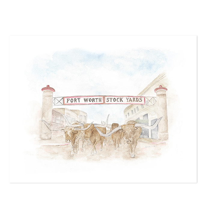 Fort Worth Stock Yards Watercolor Art Print - Fort Worth, Texas