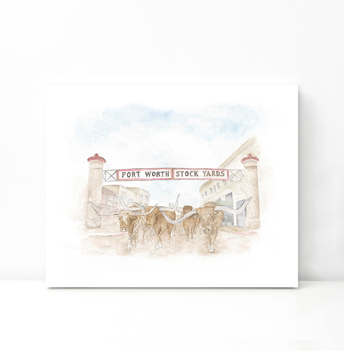Fort Worth Stock Yards Watercolor Art Print - Fort Worth, Texas