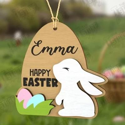 Easter Basket Tag - Bunny with Eggs - Laser cut and painted wood - Personalized