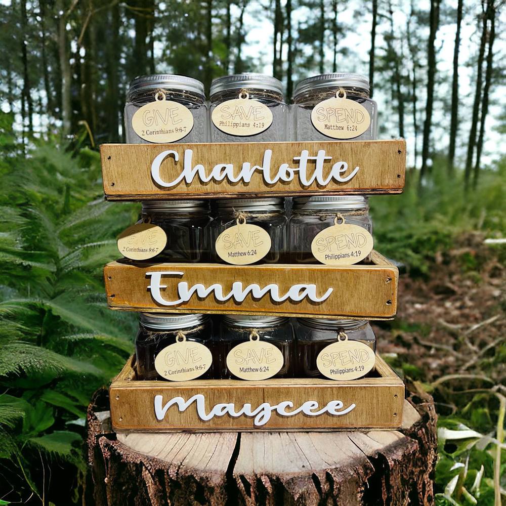 Give, Save & Spend Bank w/ wood holder - Personalized