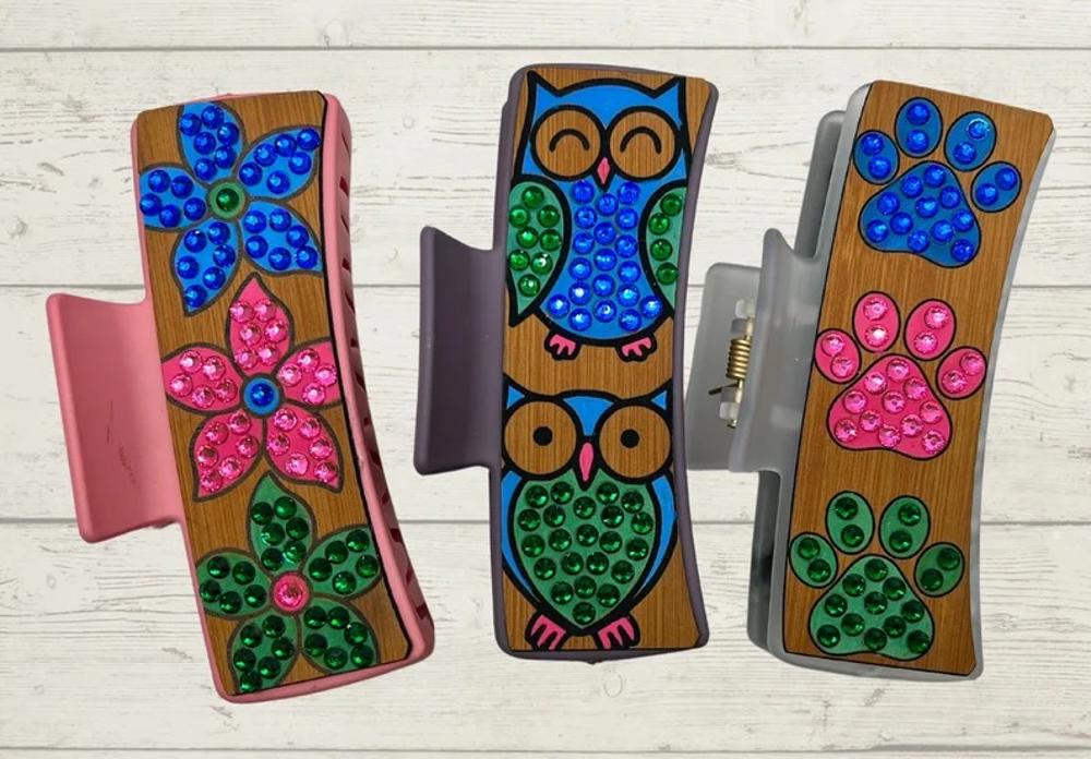 Hair Clips - 3 Hand painted hair clips w/ Bling - Owl, Paws and flowers