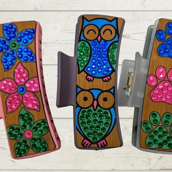 Hair Clips - 3 Hand painted hair clips w/ Bling - Owl, Paws and flowers