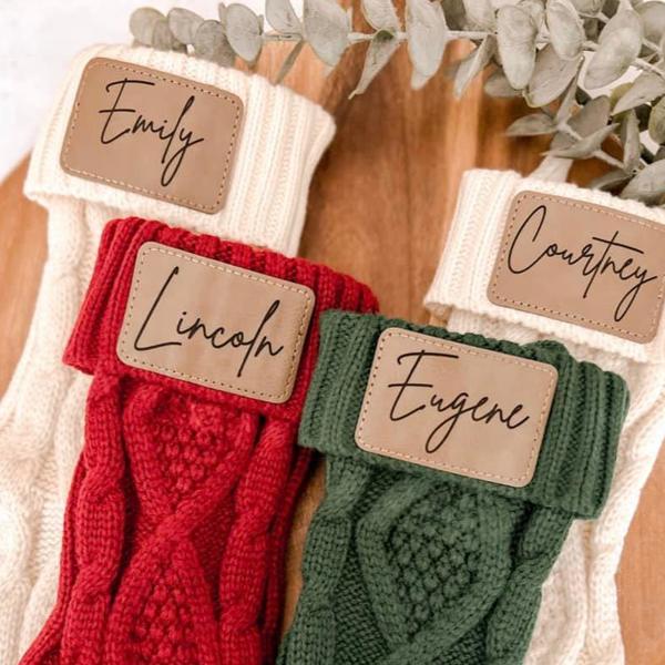 Stockings (Knit) with personalized leather patch - Choose Ivory, Green or Red