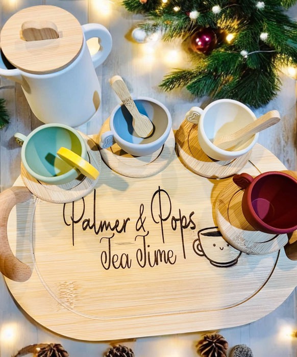 Personalized Wooden Tea Set with Silicone cups and teapot - 14 pieces total - tray can be personalized