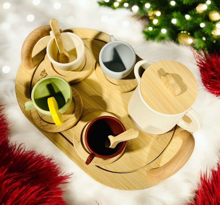 Personalized Wooden Tea Set with Silicone cups and teapot - 14 pieces total - tray can be personalized