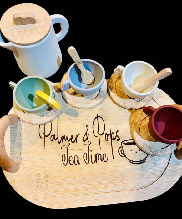 Personalized Wooden Tea Set with Silicone cups and teapot - 14 pieces total - tray can be personalized