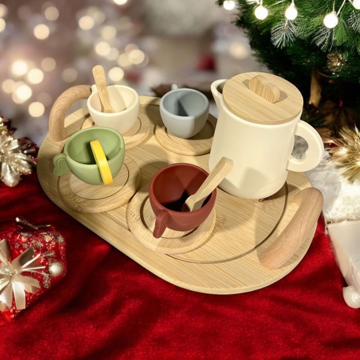 Personalized Wooden Tea Set with Silicone cups and teapot - 14 pieces total - tray can be personalized