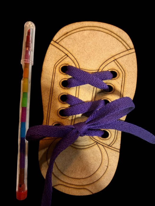 Wooden Shoe Lacing Toy - Learn to Tie Shoes!  Comes with 2 wooden shoes and 2 laces, plus a coloring pencil! Eco friendly - Great for kids of all ages! Encourage creativity