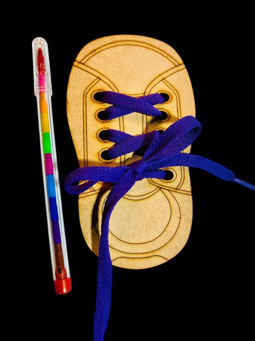 Wooden Shoe Lacing Toy - Learn to Tie Shoes!  Comes with 2 wooden shoes and 2 laces, plus a coloring pencil! Eco friendly - Great for kids of all ages! Encourage creativity