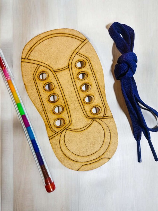 Wooden Shoe Lacing Toy - Learn to Tie Shoes!  Comes with 2 wooden shoes and 2 laces, plus a coloring pencil! Eco friendly - Great for kids of all ages! Encourage creativity