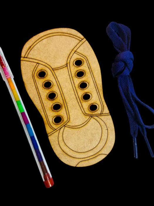 Wooden Shoe Lacing Toy - Learn to Tie Shoes!  Comes with 2 wooden shoes and 2 laces, plus a coloring pencil! Eco friendly - Great for kids of all ages! Encourage creativity