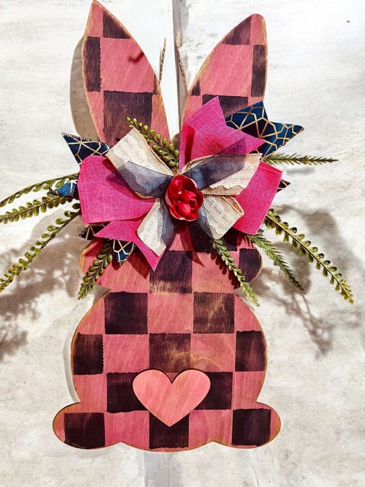 Rustic Hand-Painted Wooden Hanging Easter Bunny – Custom Made with Checkered Pattern, Greenery & Ribbon