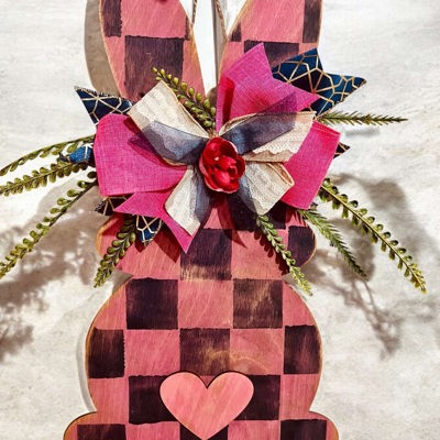 Rustic Hand-Painted Wooden Hanging Easter Bunny – Custom Made with Checkered Pattern, Greenery & Ribbon