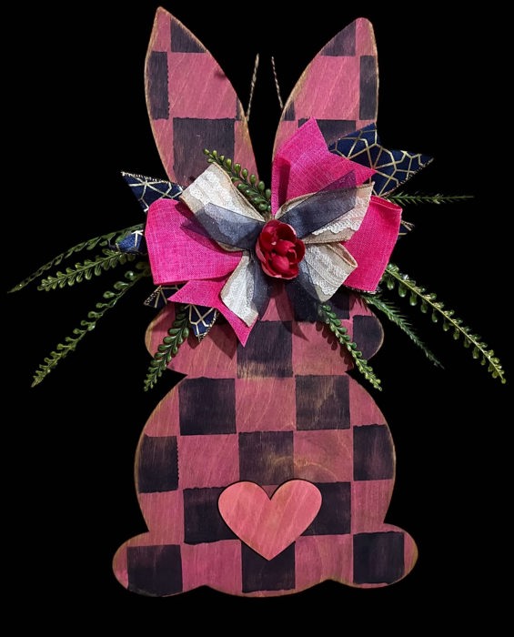 Rustic Hand-Painted Wooden Hanging Easter Bunny – Custom Made with Checkered Pattern, Greenery & Ribbon