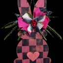  Rustic Hand-Painted Wooden Hanging Easter Bunny – Custom Made with Checkered Pattern, Greenery & Ribbon