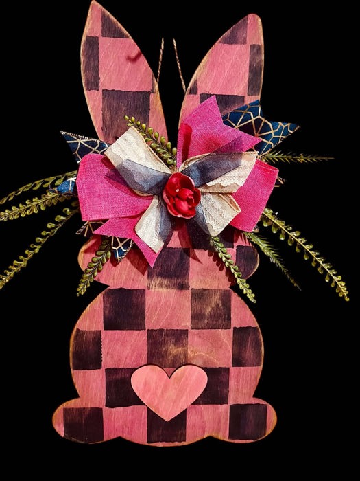 Rustic Hand-Painted Wooden Hanging Easter Bunny – Custom Made with Checkered Pattern, Greenery & Ribbon