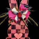  Rustic Hand-Painted Wooden Hanging Easter Bunny – Custom Made with Checkered Pattern, Greenery & Ribbon