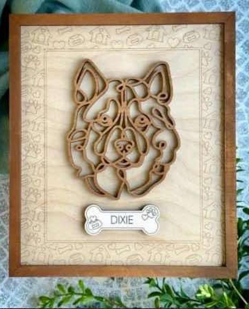 Dog Frame - Line Art Dog with Personalization and easel for display