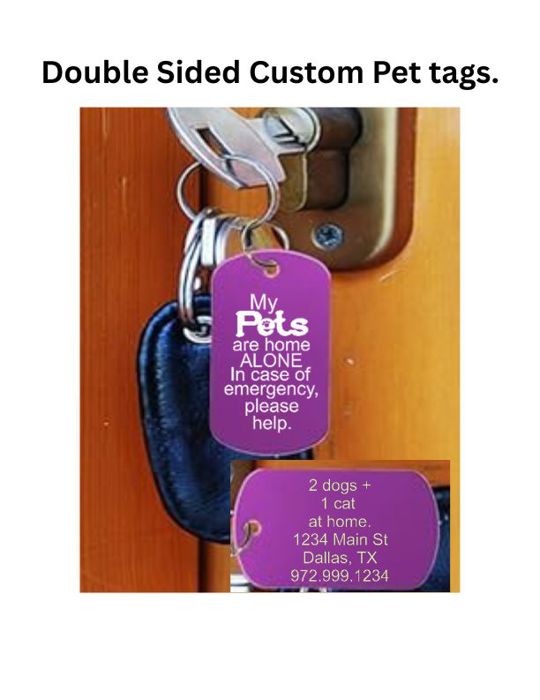 Emergency Custom Pet ID Tag – Dog Tag with keychain - Personalized 2-Sided Aluminum Tag – Pets Home Alone – Multiple Color Options