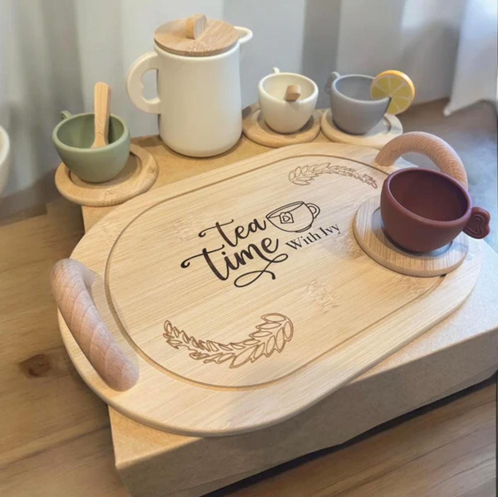 Personalized Wooden Tea Set with Silicone cups and teapot - 14 pieces total - tray can be personalized