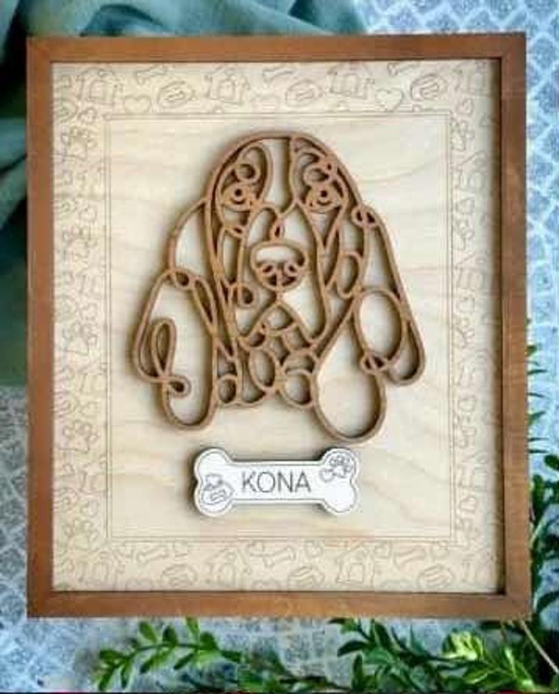 Dog Frame - Line Art Dog with Personalization and easel for display