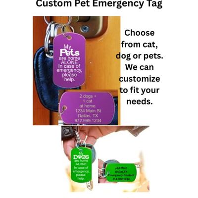Emergency Custom Pet ID Tag – Dog Tag with keychain - Personalized 2-Sided Aluminum Tag – Pets Home Alone – Multiple Color Options