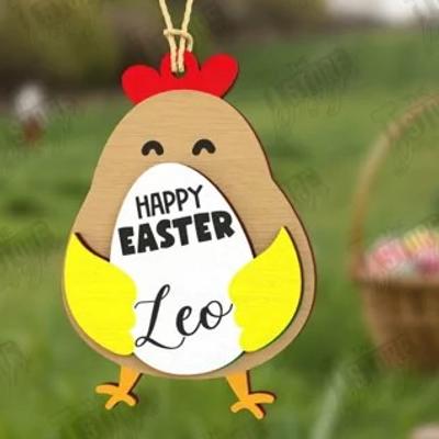 Easter Basket Tag - Chicken - Laser cut and painted wood - Personalized 