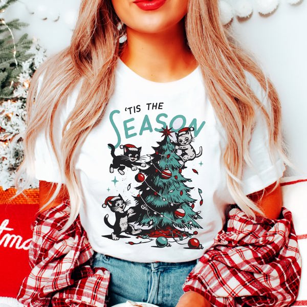 Graphic Tee, Tshirt, Christmas Holiday, Vintage Design, Kitty, Cats