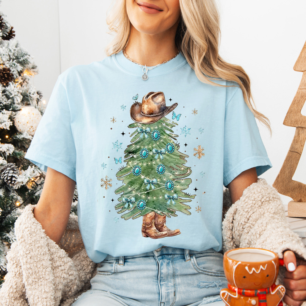 Graphic Tee, Tshirt, Christmas, Holiday, Bows, Trees, Western, Hat, Boots