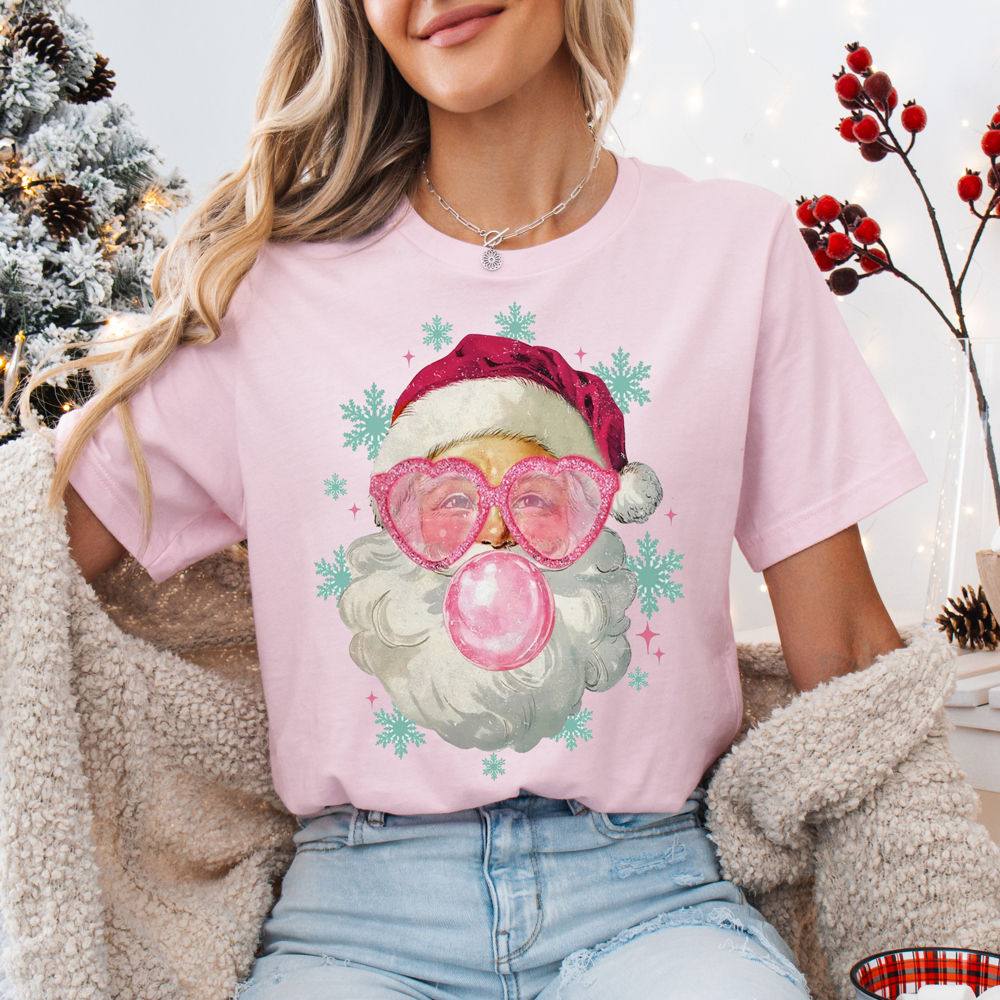 Graphic Tee, Tshirt, Christmas, Holiday, Bows, Bubblegum Santa