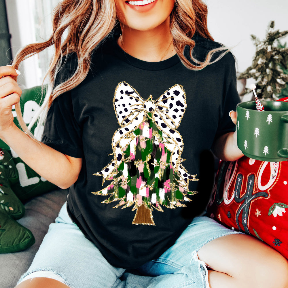 Graphic Tee, Tshirt, Christmas, Holiday, Bows, Black White Pink Tree