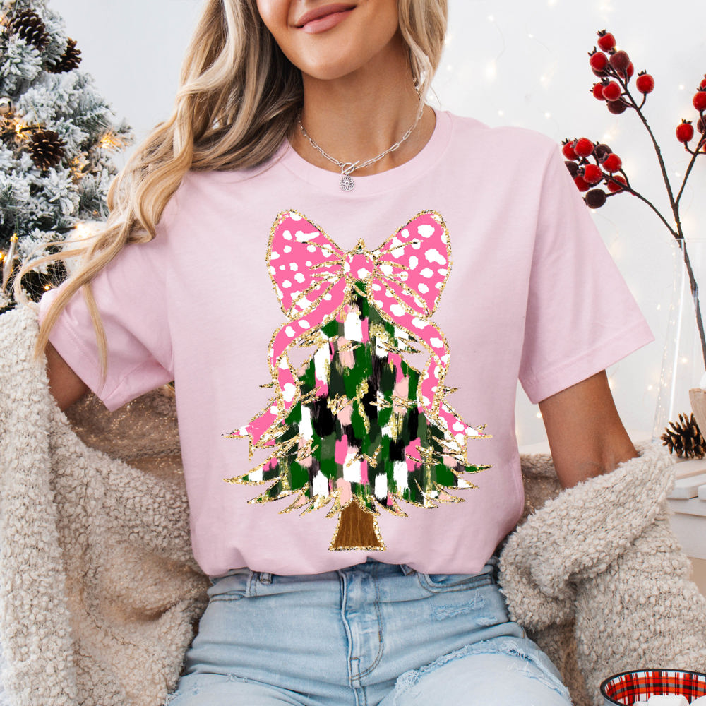 Graphic Tee, Tshirt, Christmas, Holiday, Pink White Bow