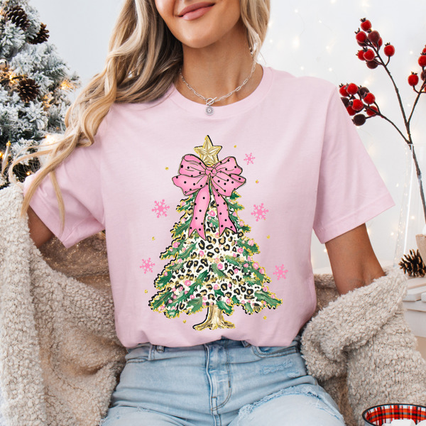 Graphic Tee, Tshirt, Christmas, Holiday, Bows, Trees, Leopard, Pink