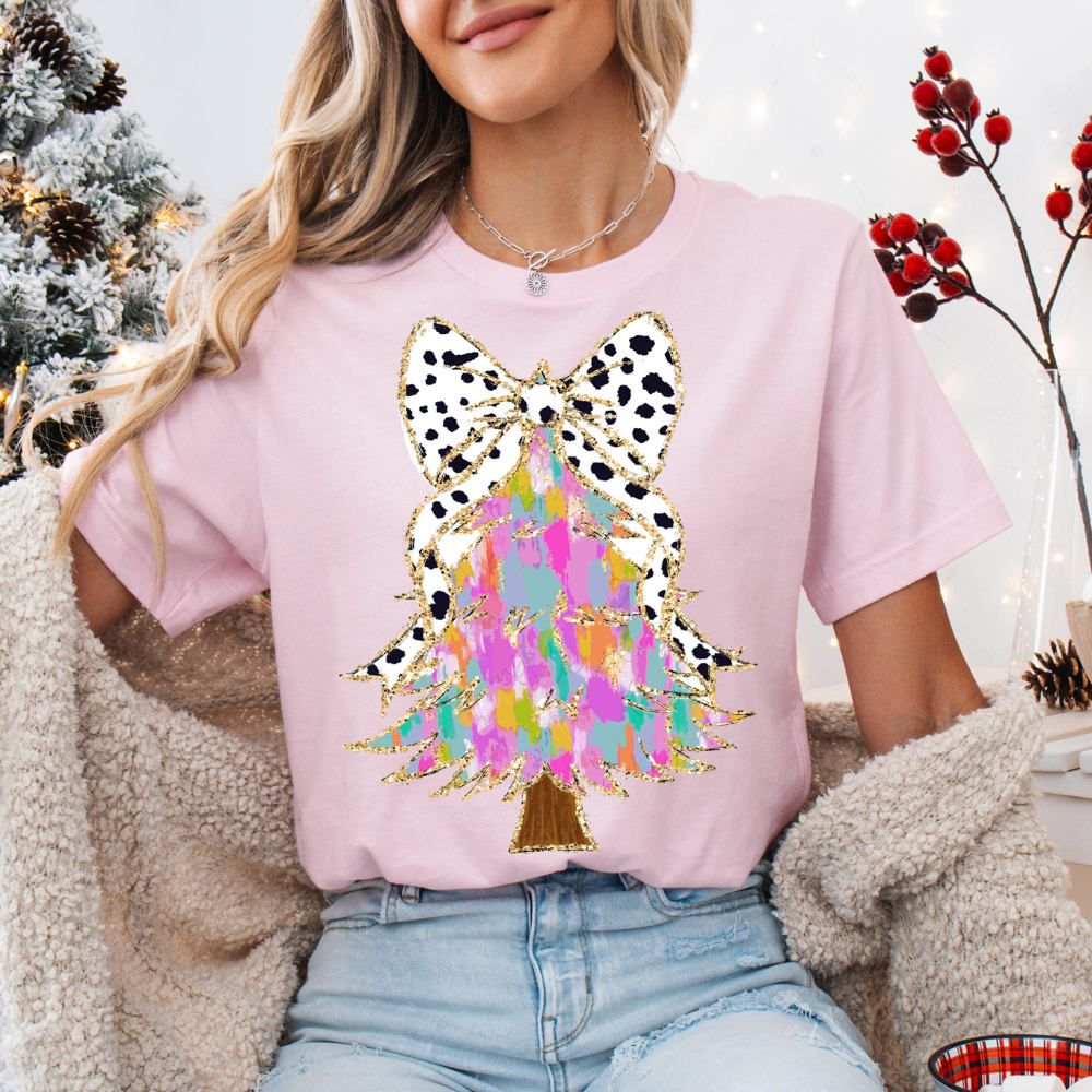 Graphic Tee, Tshirt, Christmas, Holiday, Bows, Pink Watercolor Tree