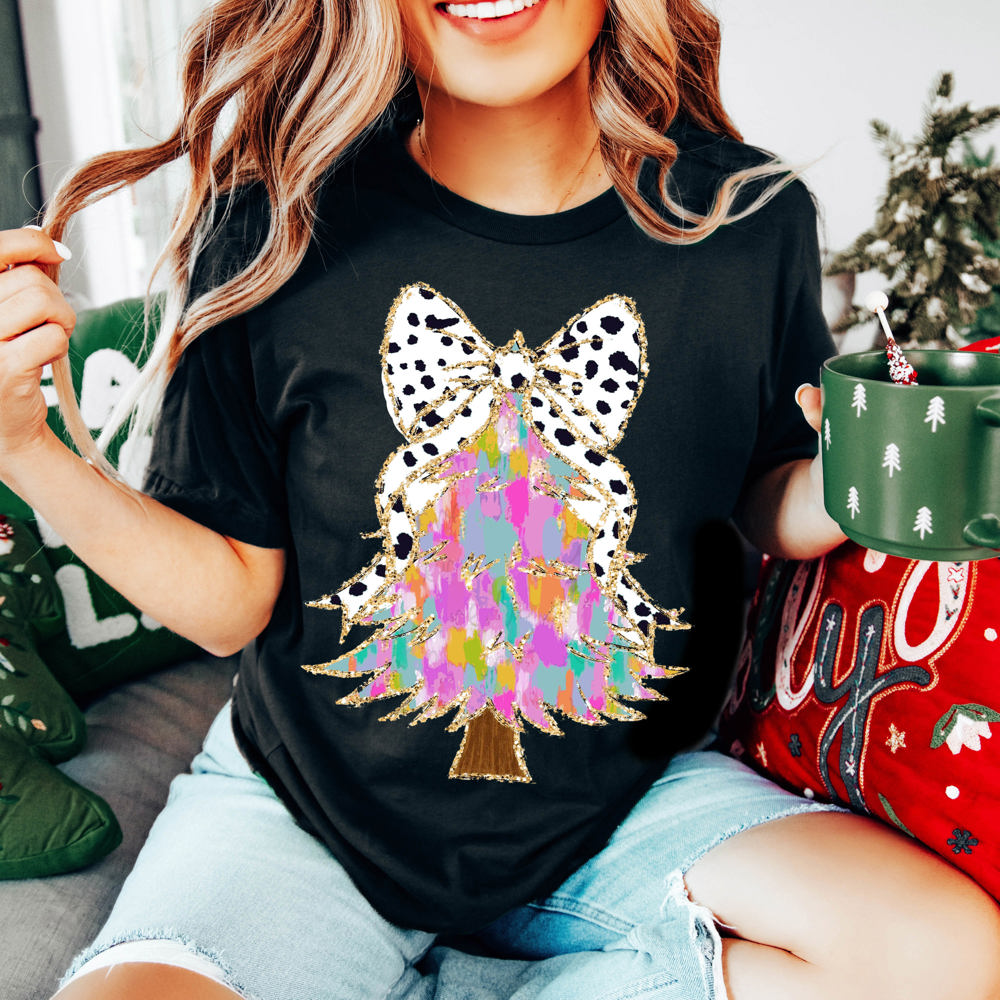 Graphic Tee, Tshirt, Christmas, Holiday, Bows, Pink Watercolor Tree