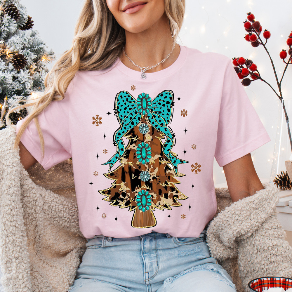 Graphic Tee, Tshirt, Christmas, Holiday, Bows, Trees, Western, Leopard, Turquoise