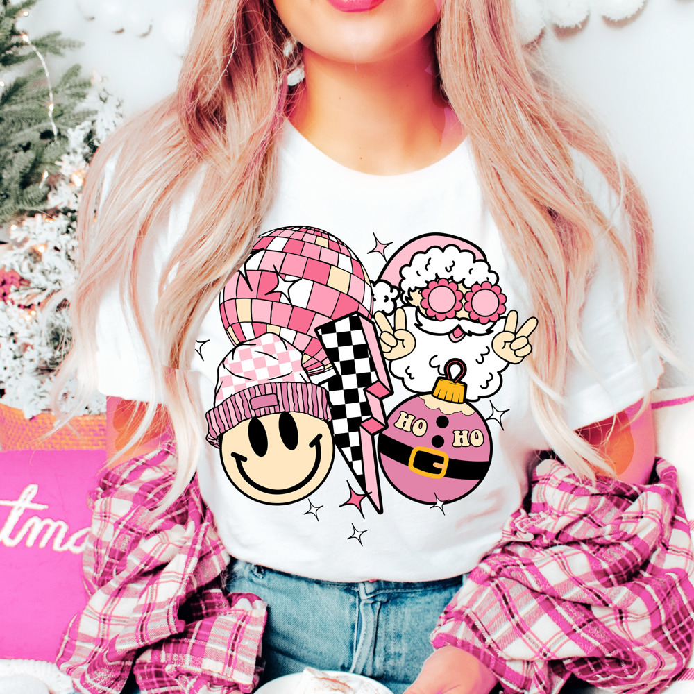 Graphic Tee, Tshirt, Christmas, Holiday, Santa, Smiley, Checkers