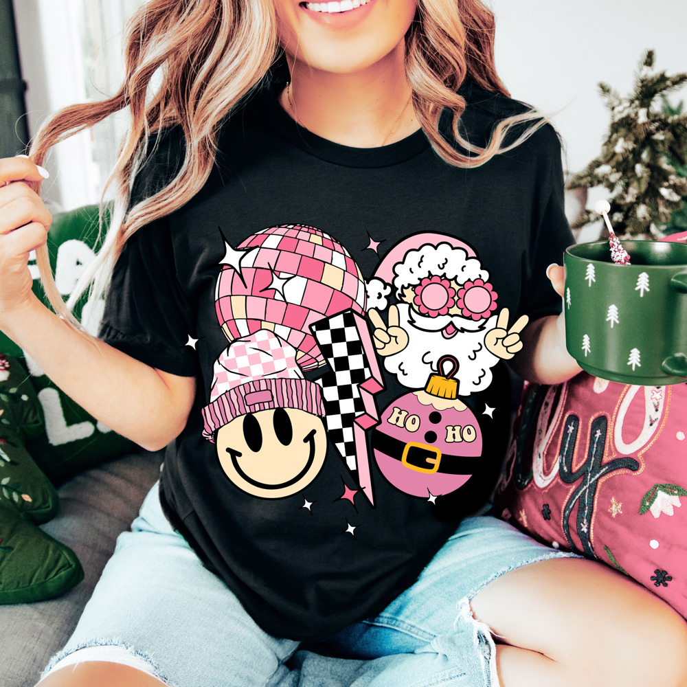 Graphic Tee, Tshirt, Christmas, Holiday, Santa, Smiley, Checkers